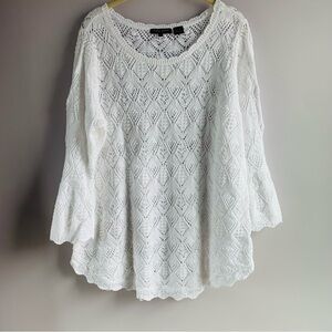 Jeanne Pierre White Lace Sweater Bell Sleeve Scallop Edge Pretty Cotton Woman 1X